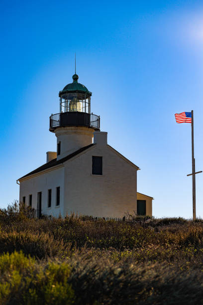 A view of the lighthouse sitting on the cliffs above Point Loma in San Diego California in January