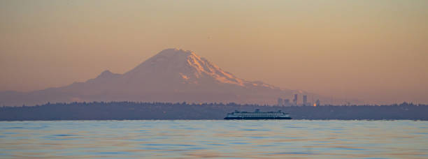 Panorama of Mount Rainier Towering Over Seattle and Edmonds Ferry