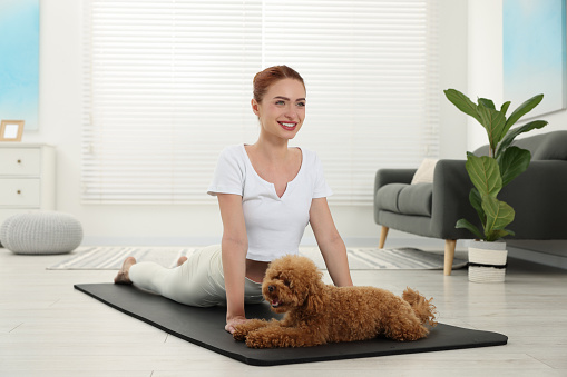 Happy young woman practicing yoga on mat with her cute dog at home