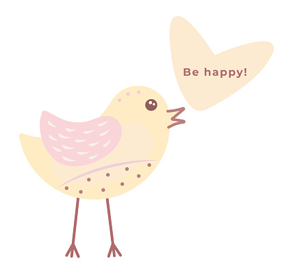 Cute bird with a heart shape and text there - Be happy. Color vector illustration