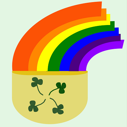A golden Pit with 4 shamrocks on it has a rainbow glowing out of it.  The ends of each color are on the top right side of the frame.  Created free-flow raster.  Collars of rainbow are rgb correct