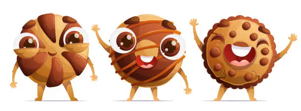 Vector illustration of A set of three cute characters in the form of traditional cookies. Little happy shortbread cookies with chocolate chips. Dynamic poses, colorful detailed Cartoon style vector.