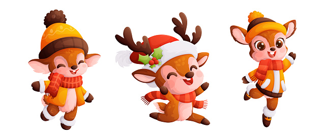 Set of three cute Christmas reindeer. Little happy deer in winter clothes, a warm hat and scarf. Dynamic poses, colorful detailed Cartoon style vector.