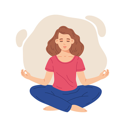 Meditating girl. Female becalmed character in yoga lotus posture, stress relief and meditation practice flat vector illustration set. Healthy lifestyle meditation cartoon concept