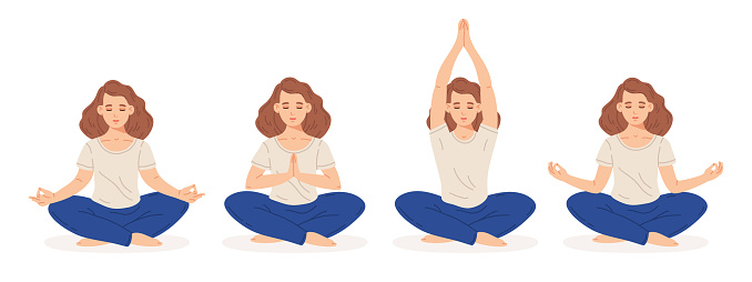 Meditating woman sitting in yoga lotus pose. Cartoon female becalmed character meditating in lotus pose. Meditation, stress relief and healthy lifestyle flat vector illustration set