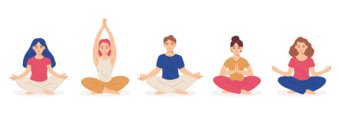 Meditating people. Female and male characters in yoga lotus posture, meditation practice concept cartoon vector illustration set. Flat mind and emotions harmony people