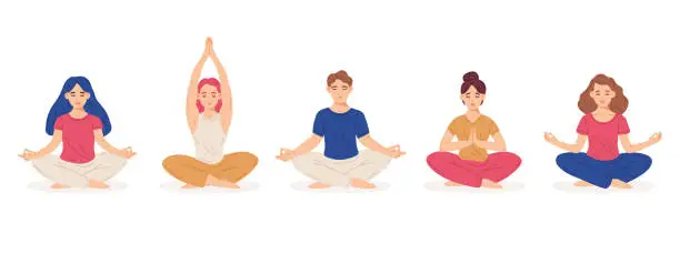 Vector illustration of Meditating people. Female and male characters in yoga lotus posture, meditation practice concept cartoon vector illustration set. Flat mind and emotions harmony people