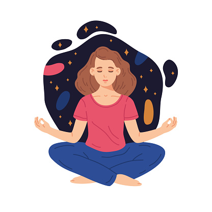 Pretty meditating girl. Doodle character meditating in yoga lotus pose, tranquility, calm and meditation concept. Cartoon becalmed meditating woman flat vector illustration