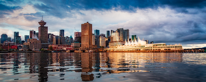 Downtown Vancouver Skyline Panorama. Colorful Sunrise. BC, Canada.