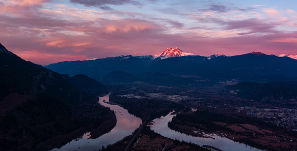 Dramatic Canadian Mountain Sunset. Nature Background. Squamish, BC, Canada.
