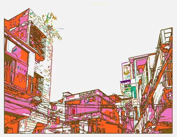 Vector illustration of outline art style cartoon illustration,city residential building in old town scene