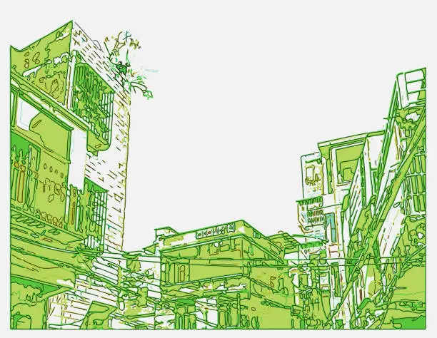 Vector illustration of outline art style cartoon illustration,city residential building in old town scene