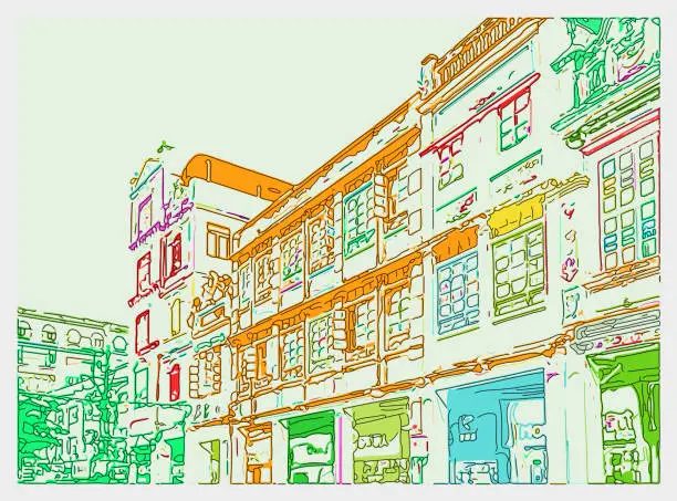 Vector illustration of outline art style cartoon illustration,classical style building in city scene