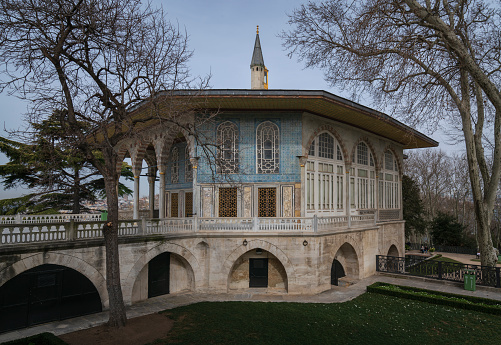 Istanbul, Turkey, 02.27.2023: View of the Baghdad Pavilion in the fourth courtyard of the Topkapi Palace on a sunny day