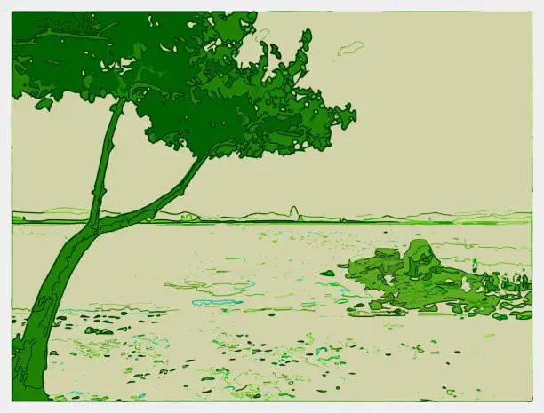 Vector illustration of art outline cartoon landscape illustration,tree,beach,sea,reef
