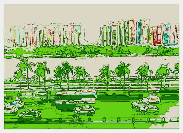 Vector illustration of art outline cartoon illustration,aerial view city landscape,street,river,building,transportation