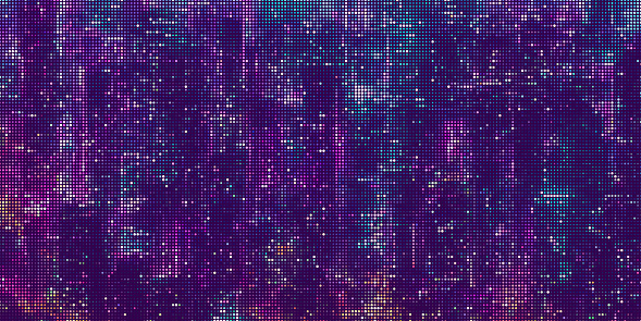Abstract halftone dotted digital technology background with futuristic night city and neon light effect. Cyberpunk and retrowave design for technology, hi-tech and science concept. Vector illustration