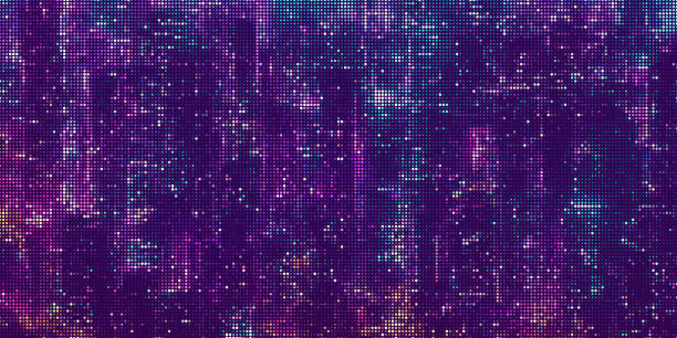 Digital technology dotted background with futuristic night city Abstract halftone dotted digital technology background with futuristic night city and neon light effect. Cyberpunk and retrowave design for technology, hi-tech and science concept. Vector illustration round creative stock illustrations