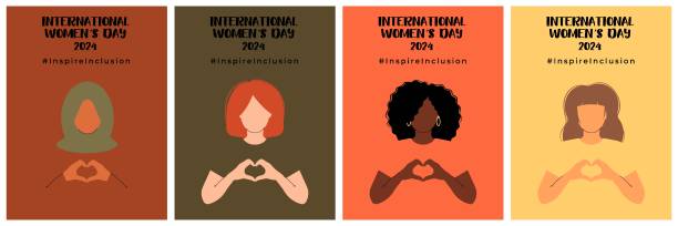 International Women s Day set posters. 8 march. Campaign 2024 inspireinclusion. Diverse race group of women hands gesture as heart shape to stop gender discrimination. Flat vector illustration International Women s Day set posters. 8 march. Campaign 2024 inspireinclusion. Diverse race group of women hands gesture as heart shape to stop gender discrimination heart hands multicultural women stock illustrations