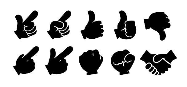 Icon set of various hand signs Like, Good, Nice, Check, Point, etc.