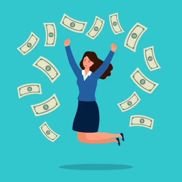 Vector illustration of Successful rich businesswoman with falling banknotes money vector illustration. Passive income.