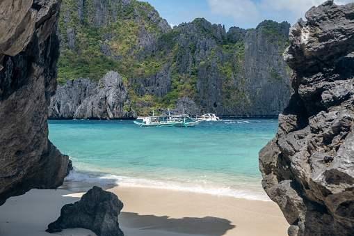 Small dive boats near El Nido town on Palawan Island in the Philippines