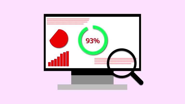 Computer monitor displaying a progress bar with a graph icon animated on a pink background.