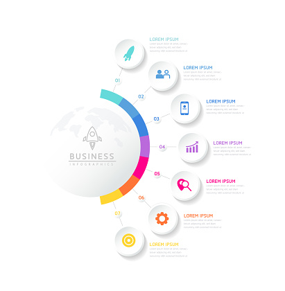 Vector infographic business presentation template with circular interconnection with 7 options.