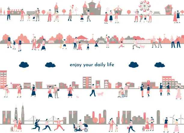 Vector illustration of Set of everyday life illustrations of people