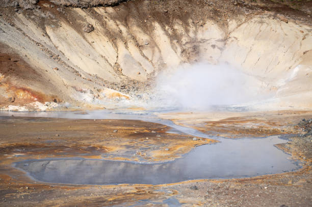 gunnuhver hot springs - steam and smoke from the dangerous geothermal feature - standing water water coastal feature the natural world стоковые фото и изображения