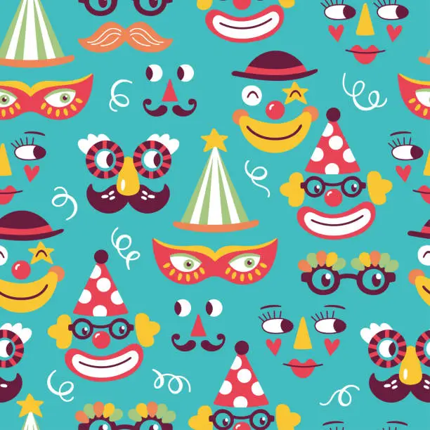 Vector illustration of Seamless pattern design for Purim with cute carnival elements. Childish background for wrapping paper, textile and wallpaper