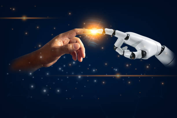 istock Future humans and robots, AI, metaverse communication technology, finger 1913955105
