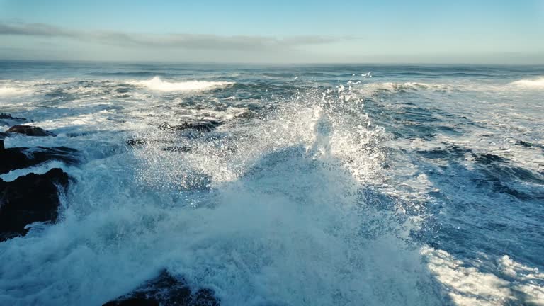 Slow motion shot of the waves of the Pacific ocean crashing on rocks on the coast of Fort Bragg, USA