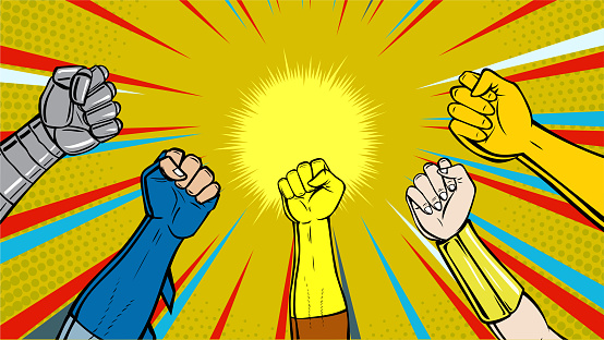 A retro pop art vector illustration of a bunch of superhero hands up in the air. Wide space available for your copy.