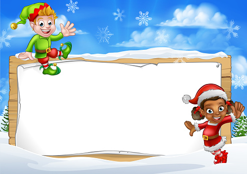 A Christmas Santas elf sign background cartoon border with two of Santa Claus elves in a winter landscape