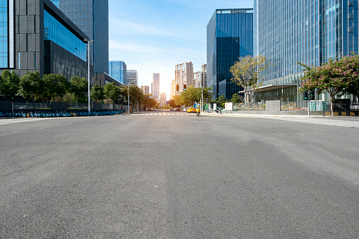 Fire lane in very large empty concrete parking lot.