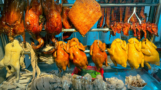 Roast duck and roast meat window display in Hong Kong