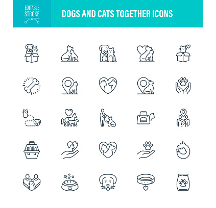 Dogs and Cats Icon Set Editable Stroke. For Mobile and Web. Contains such icons Domestic Cat, Pets, Veterinarian, Dog, Food, Toy Cat, Family