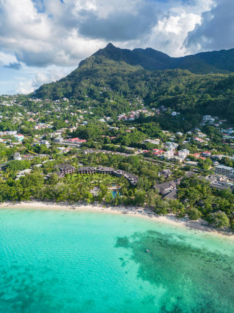 istock Tranquil Beach Landscape with Blue Sky and Greenery, Seychelles. 1914026079
