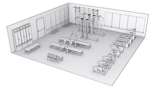 Contour visualization of gym interior. Isometric 3d illustration isolated on white