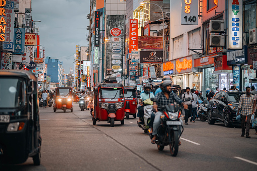 Colombo, Sri Lanka -November 21, 2023:\nA busy scene in the streets of Colombo, popular with both tourists and locals and lined with shops, bars, restaurants.