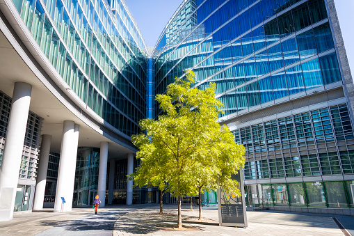 Blue glass modern office buildings with green trees in Milan, Italy.