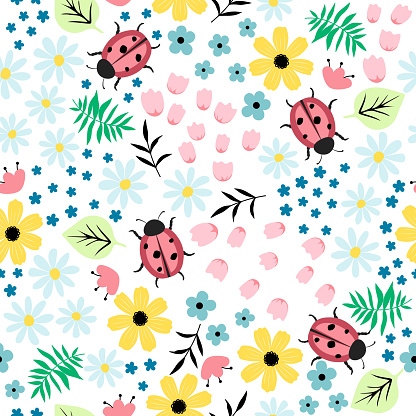 Seamless flourish pattern with field flowers, plants, ladybugs and other elements.