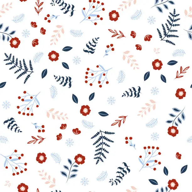 Vector illustration of Christmas seamless pattern.Floral seamless pattern with twigs, berries, winter branches and flowers