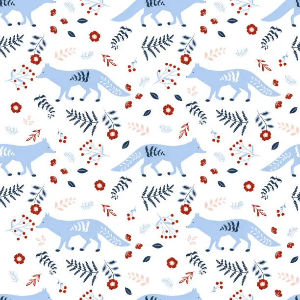 Vector illustration of Winter seamless pattern. Christmas seamless pattern with foxes, winter branches, berries and flowers