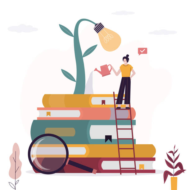 istock Businesswoman watering light bulb tree on books. Learning, new knowledge to create innovations, development of intellect or logic to search for new opportunities, 1914092339