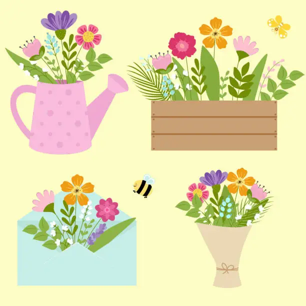 Vector illustration of Bouquet of different flowers in a watering can, envelope, bouquet and seedling box.  Cute floral illustration for postcards isolated on white background.