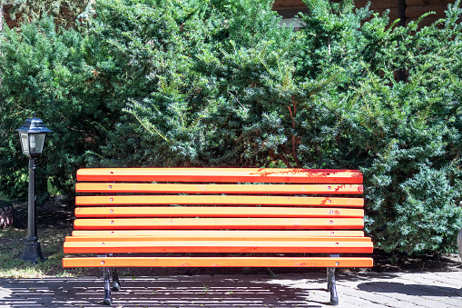 Orange wooden bench with forged metal legs in the park on a green wooden background