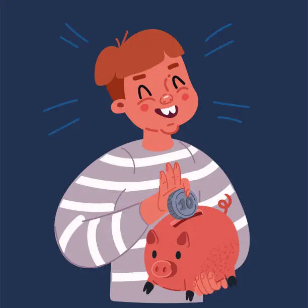 Vector illustration of Cartoon vector illustration of Cute little boy putting coins into a piggy bank saving money