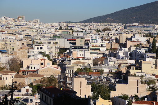 The Athens' skyline, in Greece, with the Lycabettus Mount. Photo taken from Anafiotika neighborhood, in northerneast side of the Acropolis hill.